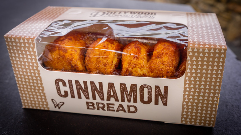 Close view of a box of the famous cinnamon bread from The Grist Mill at Dollywood theme park