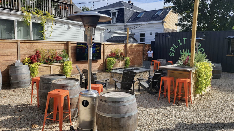 Part of the outdoor patio at Split Rock in Cohasset, Massachusetts