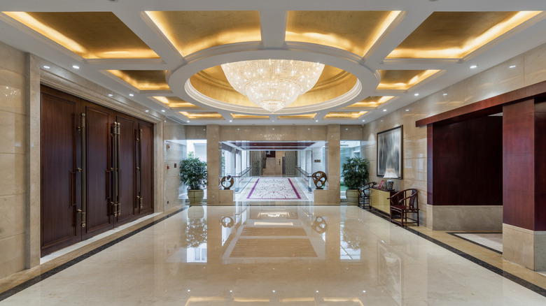 Empty and bright hotel lobby.
