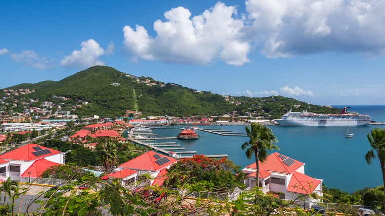 Aerial view of the harbour and town in St. Thomas