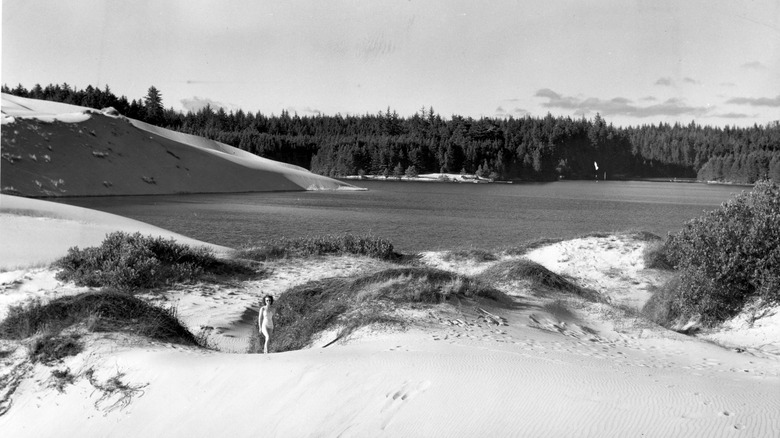Sand dunes and beach surrounding the water in Florence, Oregon