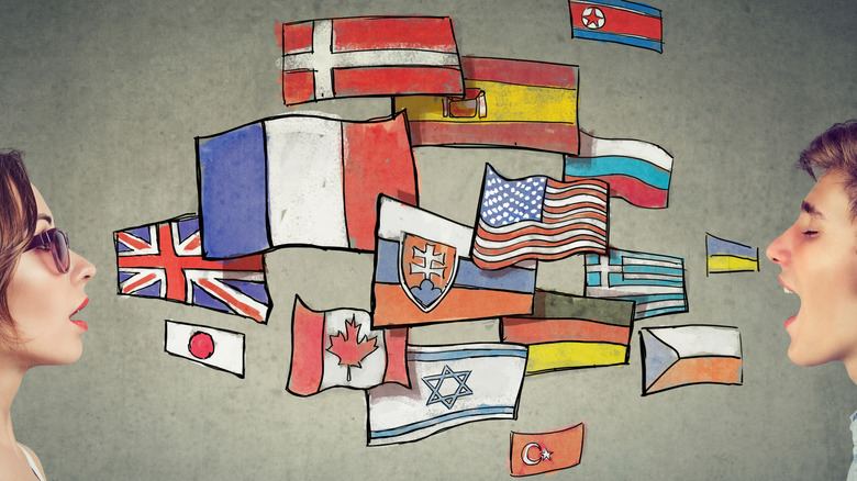 Two people talking with a variety of illustrated flags between them