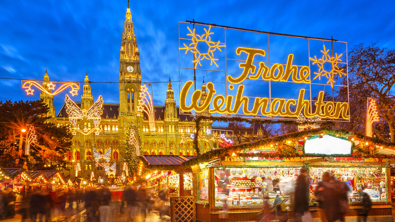 Christmas market in Vienna, Austria, lit up at night