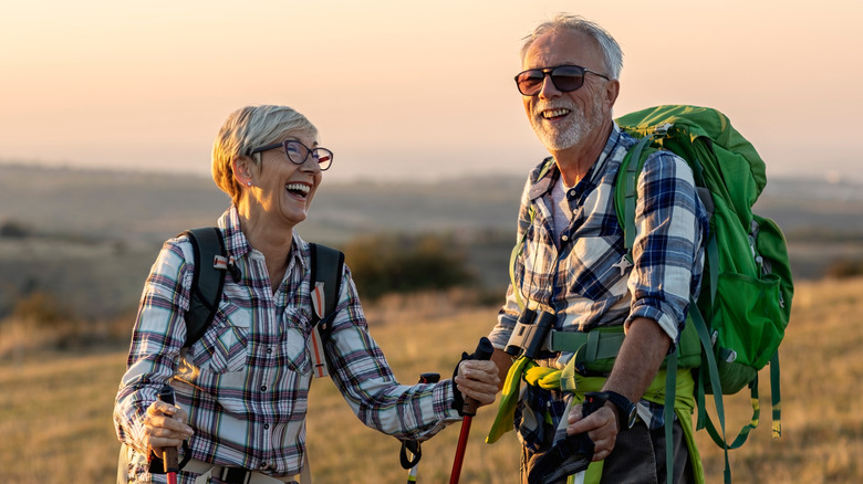 Old couple walking in nature at sunset