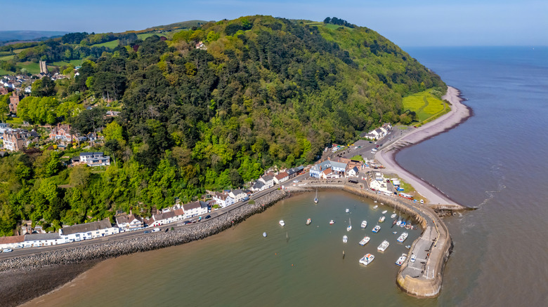 Aerial view of Minehead Harbour and headland in Somerset, U.K.