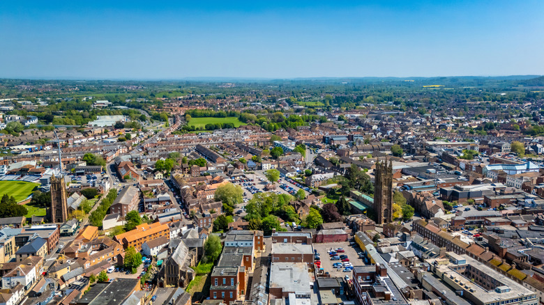 Aerial view over various shops and businesses in central Taunton, Somerset, U.K.
