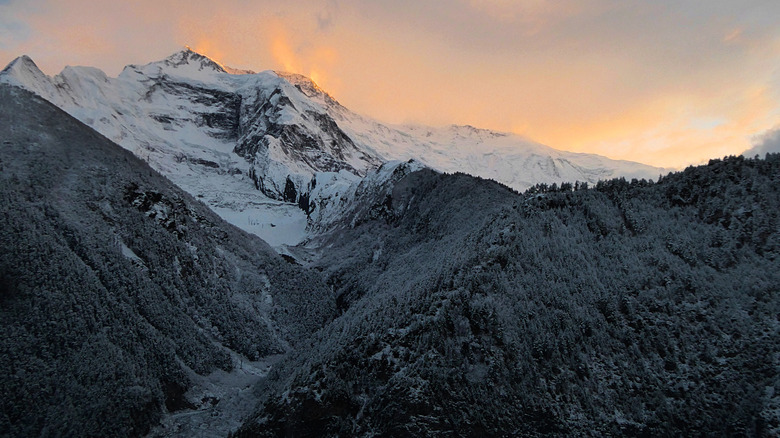 Annapurna II from Upper Pisang at sunset on the Annapurna Circuit trail.