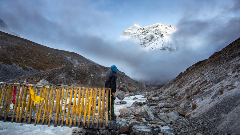 A view through the clouds of Mount Makalu form the base camp.