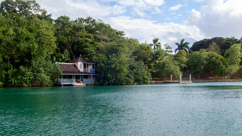 View of GoldenEye's rustic spa with ladder