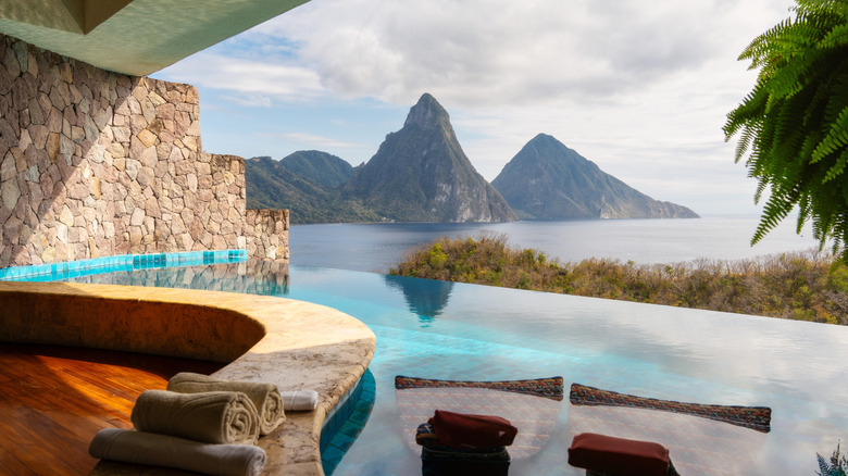View of Pitons and water from inside a suite
