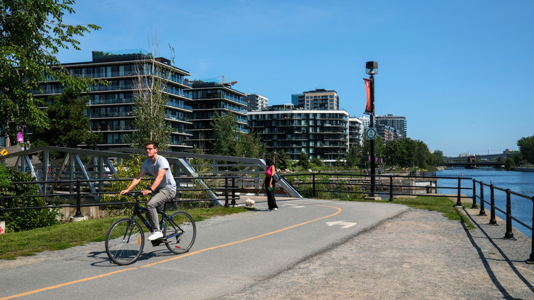 Riding alongside the Lachine Canal in Montréal.