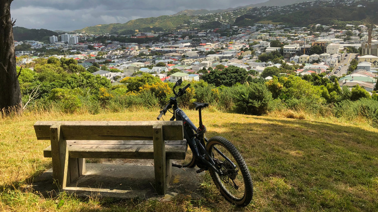 A parked mountain bike looking over the city of Wellington, New Zealand.