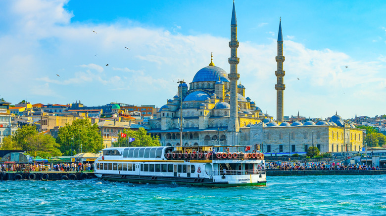 A ferry passing Istanbul's Blue Mosque.