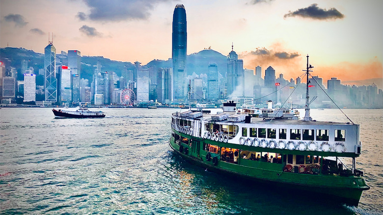 The Hong Kong Star Ferry as photographed from Tsim Sha Tsui port at sunset.