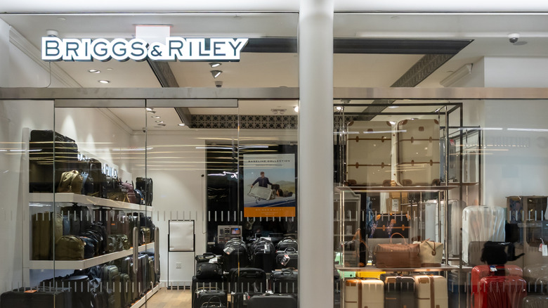 High-end suitcases on display through glass windows of Briggs and Riley luggage store in New York City