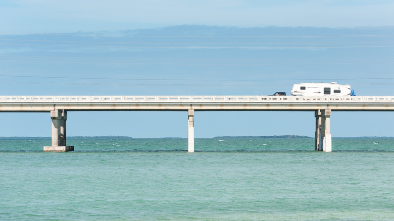 An RV traveling on the Seven Mile Bridge on the  Overseas Highway between the Florida Keys.