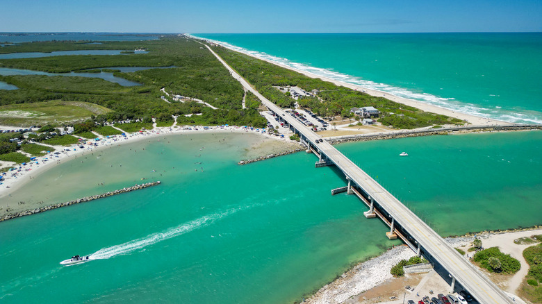 Aerial view overlooking the lagoon and bridge at Sebastian Inlet State Park, Melbourne Beach, Florida