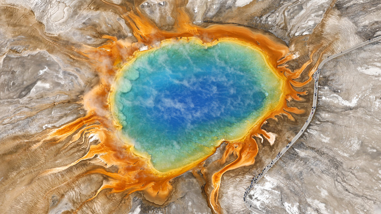 An aerial view of the Grand Prismatic Spring in the Midway Geyser Basin