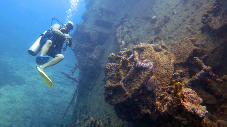 A diver at the Antilla Wreck off Aruba.