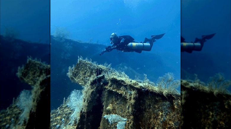 The Bianca C shipwreck in Grenada with a diver