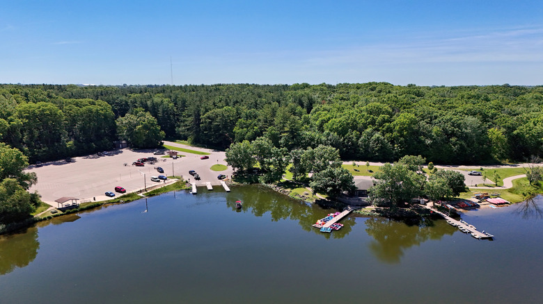 View of the concession and boat launch area on Pierce Lake in Rock Cut State Park, Illinois