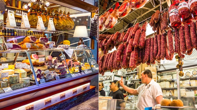 A salumeria in Tuscany on the left, with its distant cousin at a deli on Arthur Avenue in the Bronx