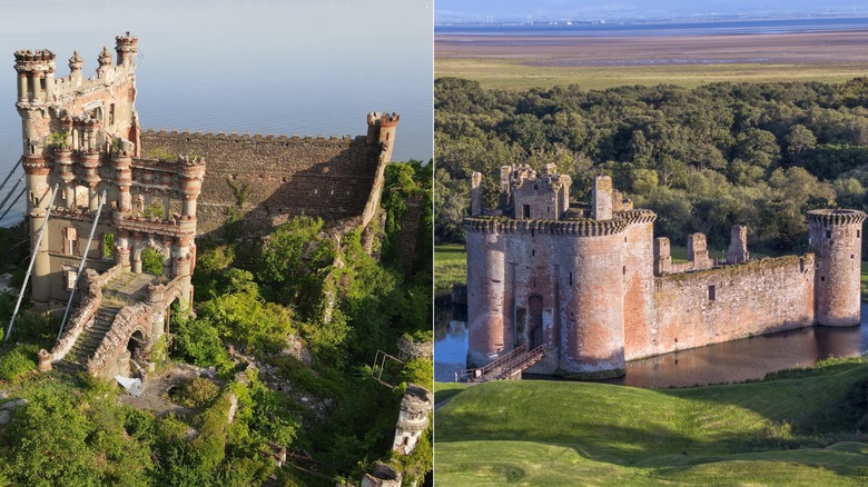 Bannerman Castle on the Hudson River on the left, with Triangular Caerlaverock Castle in Scotland on the right