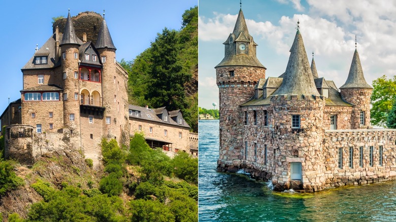 The famous Katz Castle on the Rhine to the left, with Boldt Castle in upstate New York on the right