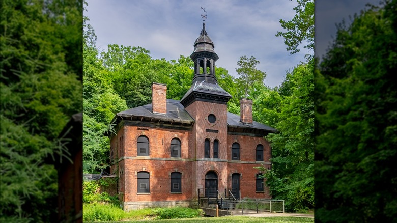 An old brick office building within the West Point Foundry Preserve in Cold Spring, New York