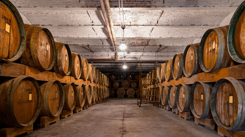 Oak barrels in the cellar of Pleasant Valley Wine Company in Hammondsport