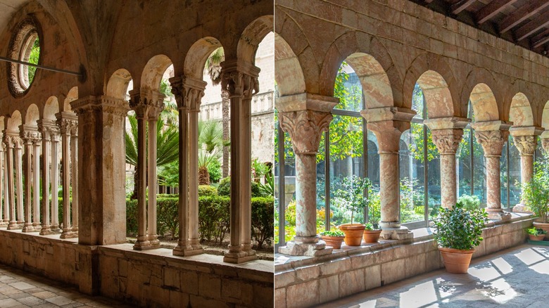 To the left, the medieval cloisters in Dubrovnik, with the Met Cloisters in New York to the right