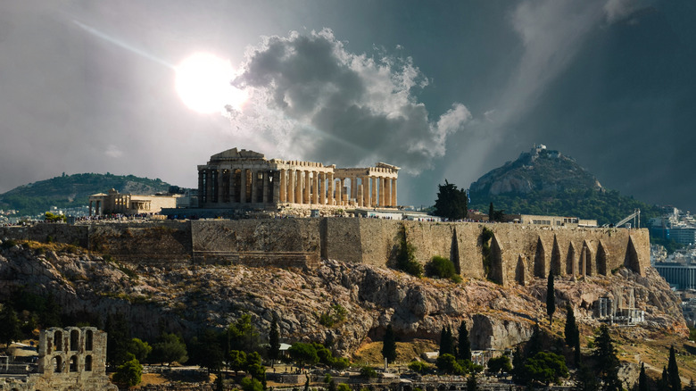 The Acropolis in Athens, Greece on a cloudy day.