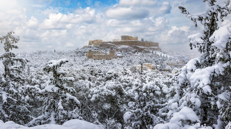 The Acropolis dusted in snow in wintertime.