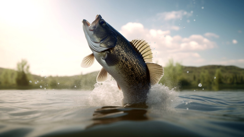 A largemouth bass jumping out of the water.