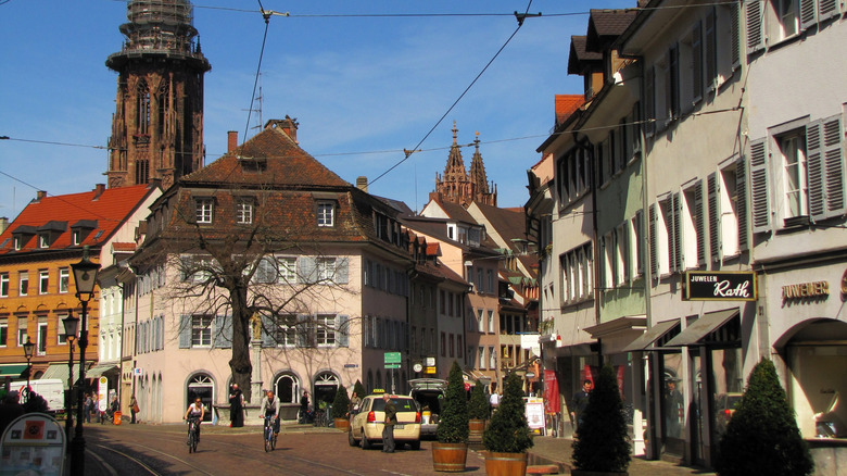 Historic Oberlinden square in Freiburg featuring Hotel Zum Roten Bären,