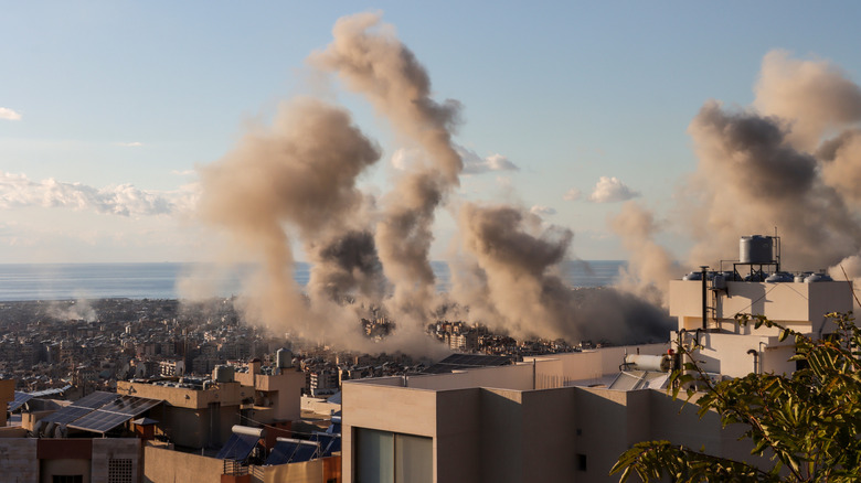 Israeli airstrikes hitting Beirut's southern suburbs in 2024.
