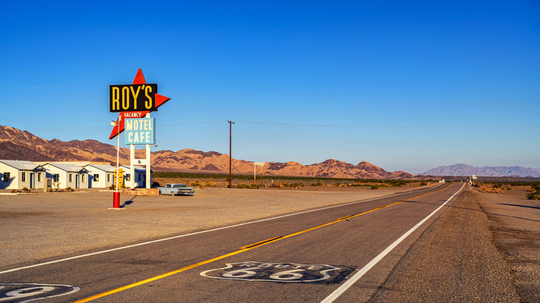 The sign for Roy's Diner along old Route 66 near Amboy, California