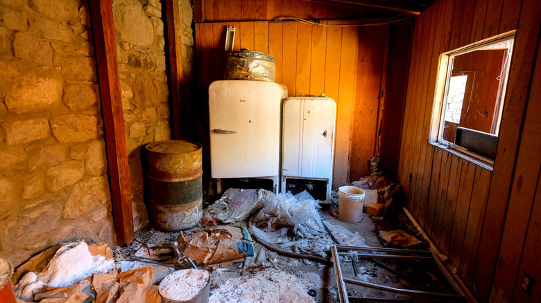 The interior of an old mining cabin in Panamint City, California