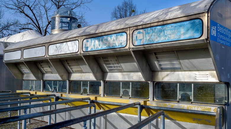 Old neglected ticket counter, Munich Olympic Stadium, Bavaria, Germany,