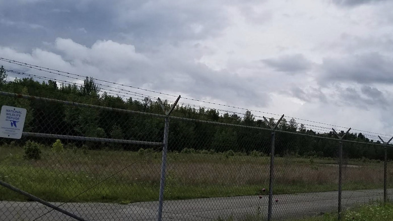 View of barbed wire fence at the abandoned Jefferson Proving Ground military testing facility near Madison, Indiana