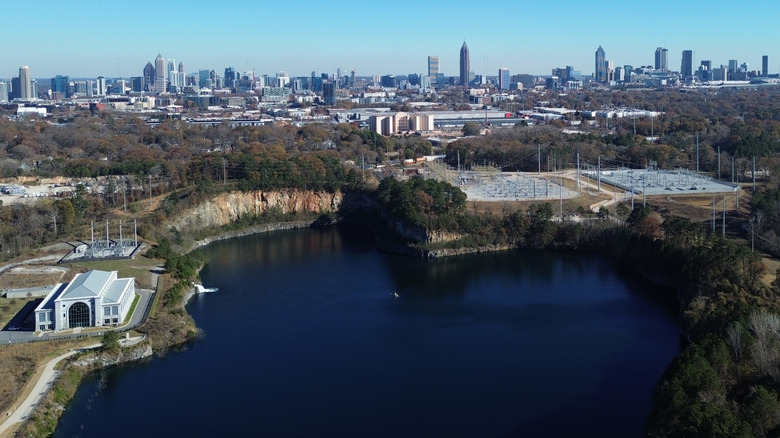 Aerial view of Bellwood Quarry at Westside Park in Atlanta, Georgia with skyline in the background