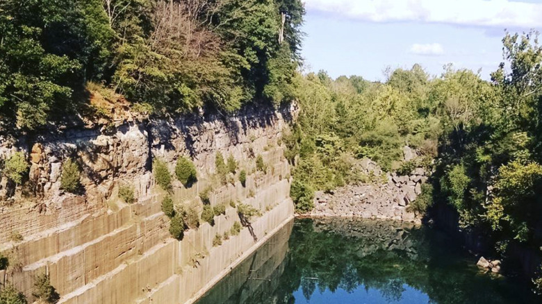 View of abandoned Empire Quarry near Bloomington, Indiana with full tree growth on a sunny day