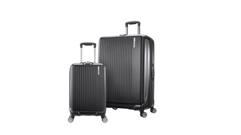 View of black Samsonite Amplitude Two-Piece Hardside Set on white background
