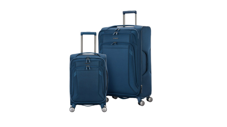 View of teal blue polyester Samsonite Stratus Two-Piece Softside Set on white background