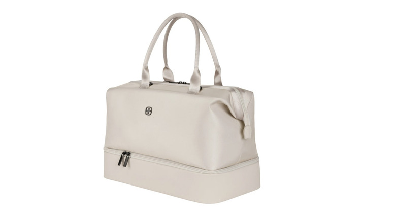 View of cream Swissgear Weekender Tote Travel Bag on white background