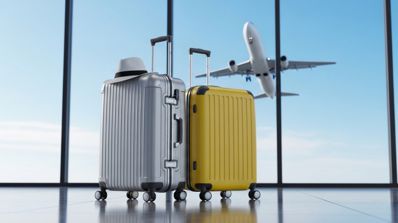 Two suitcases with fedora on top of one near an airport window with an airplane in the background