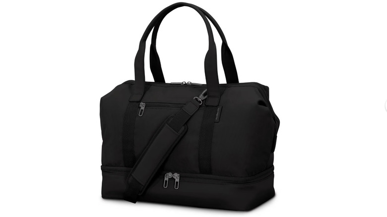 View of black Samsonite Drop-Bottom Weekender Duffel on white background