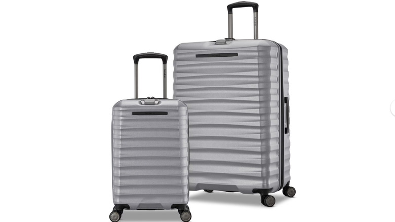 View of silver Samsonite Ridgeway II Two-Piece Hardside Luggage Set on white background