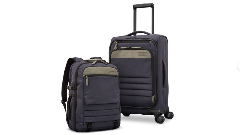 View of slate blue Samsonite Xpidition XLT 2-Piece Softside Carry-On and Backpack Set on white background
