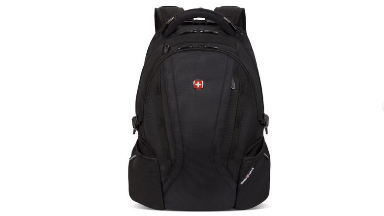 View of black Swissgear 3760 ScanSmart Laptop Backpack on white background
